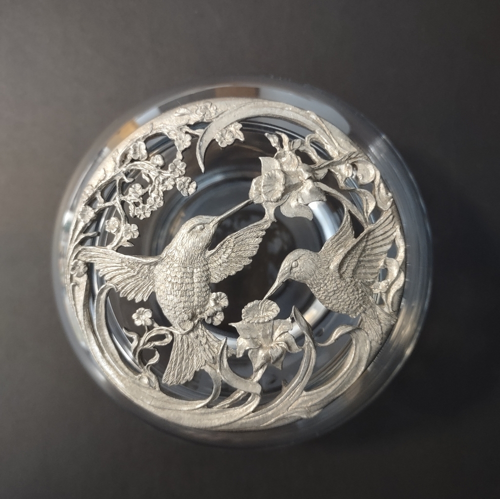 1989 RAWCLIFFE Pewter Rose Lid w/ANCHOR HOCKING Glass Trinket Jar Hummingbird